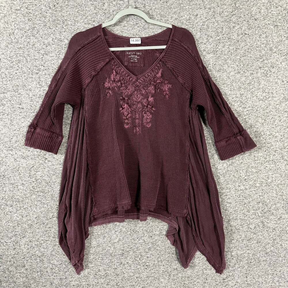 Karyn Seo Women's Size XL Purple 3/4 Sleeve V-Neck Drappy Shirt